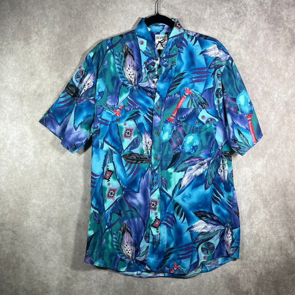 Vintage Roper Shirt Mens Large 16.5 Blue Feather Print Tropical Hawaiian Beach